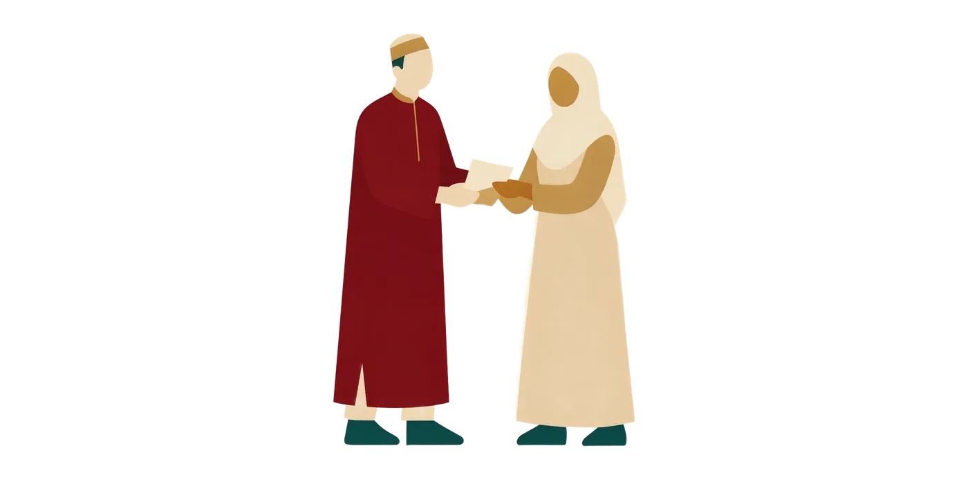 Two volunteers, one handing a folded form to the other