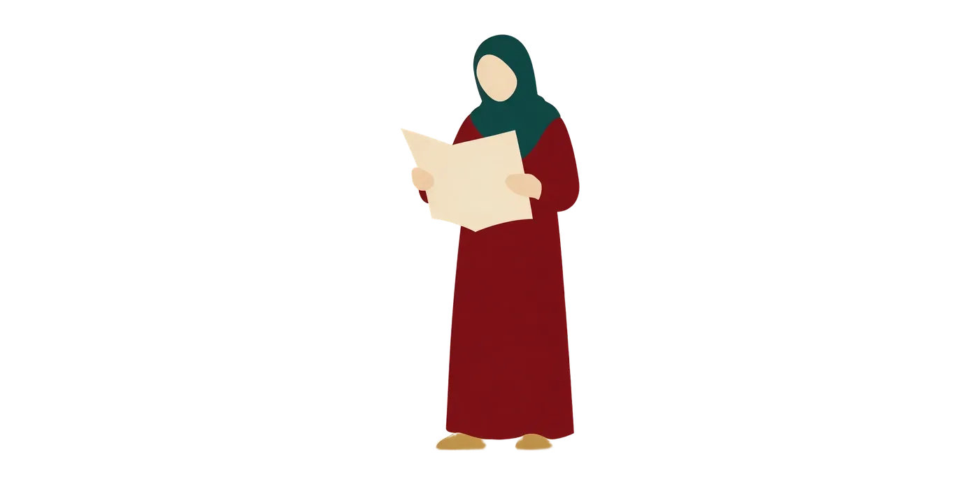 A woman standing and reading a single sheet of paper